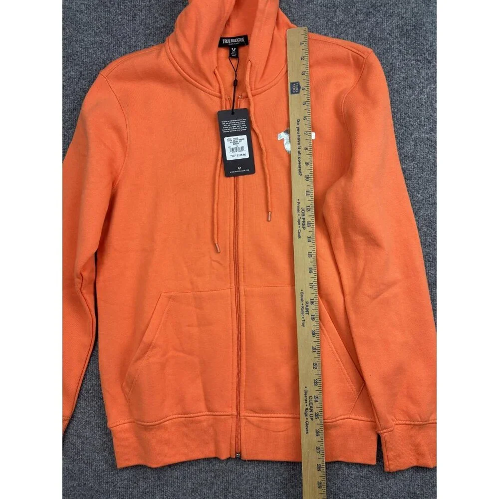 True Religion Hoodie Mens Small Orange Full Zip Fleece Sweatshirt Buddha Graphic